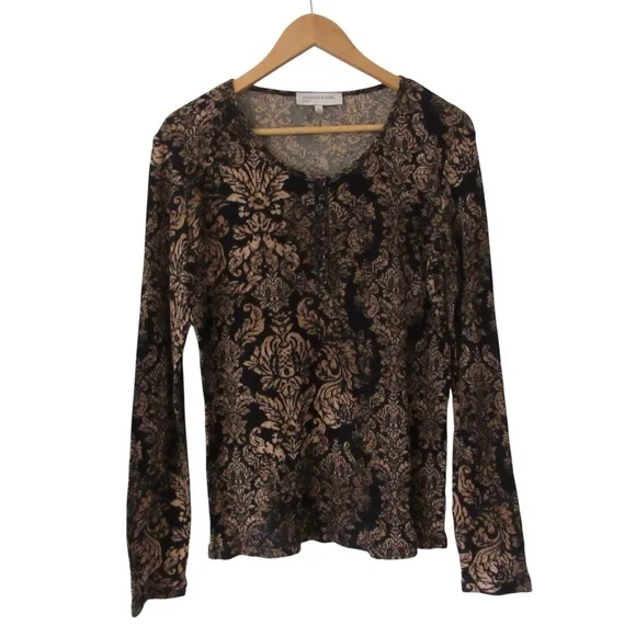 Jones New York Sport Black Brown Ribbed Henley Top Large Floral Y2K Victorian - Picture 1 of 8